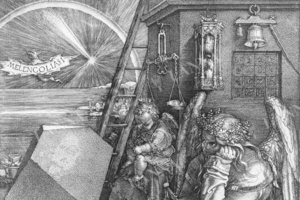Albrecht Dürer (1471–1528): Melancholie, mědirytina, 1514. Sbírka UPM.