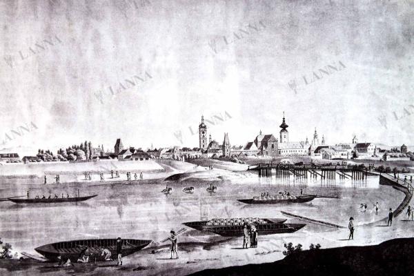 Pohled na město od loděnice ve Čtyřech Dvorech na počátku 19. století. Sbírka JČM.