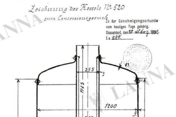 Stojatý kotel Bünger & Leyrer výrobního čísla 520 z roku 1902 určený pro firemní drapák. Měřítko 1:25. BAUER, Zdeněk. Stavební stroje firmy Lanna, 2005.