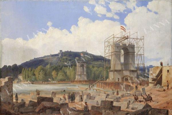 Stavba řetězového mostu v Praze, olej na plátně, Karl Würbs, 1840. Archiv NTM.