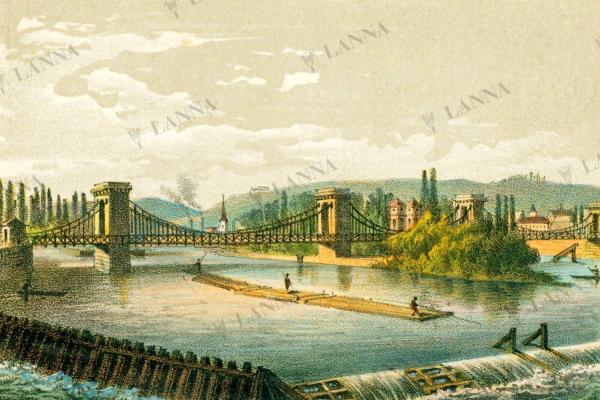 Most císaře Františka I., barevná litografie H. Willard, G. Täubert, po roce 1841. Vorový pramen míří do propusti uprostřed Staroměstského jezu. Sbírka MMP.