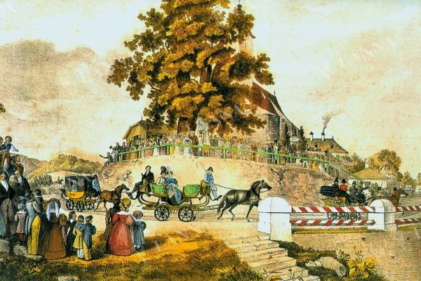 Slavnostní zahájení provozu koněspřežné dráhy v St. Magdalene u Lince za účasti císaře Františka I. Malba A. Bayer, 1832. Archiv NEBE.