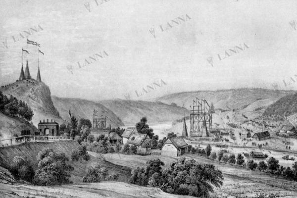 Slavnostní položení základního kamene ke stavbě řetězového mostu přes Vltavu u Podolska dne 26.5.1847. T. Žákavec, 1936.
