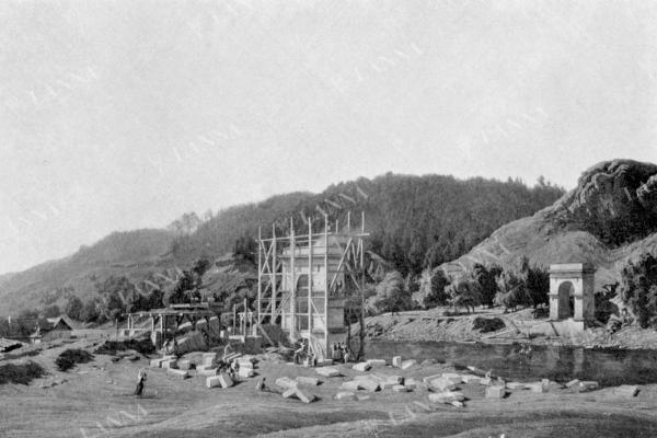 Zahájení stavby řetězového mostu přes Vltavu u Podolska. T. Žákavec, 1936.