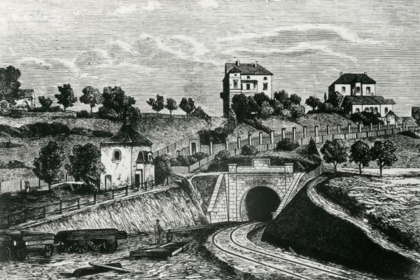 Vinohradský železniční tunel v době zprovoznění 1871. Archiv HIU.
