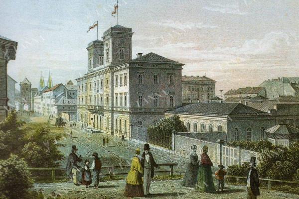 Budova pražského nádraží v pohledu k Prašné bráně na Staré Město. Morstadt, 1845. Sbírka MMP.