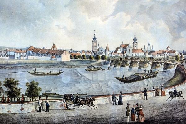 Pohled od loděnice ve Čtyřech Dvorech na ruční vodní bagr na Vltavě u Dlouhého mostu. V.B. Juhn 1822. Sbírka JČM