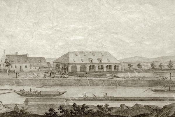 Stavba lodí v Lannově budějovické loděnici na kresbě Jiřího Zorna z poloviny 19. století. Archiv SOkA.