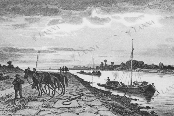 Nákladní lodě na Labi vlečené koňmi cca 1880. Archiv MARECZECH.